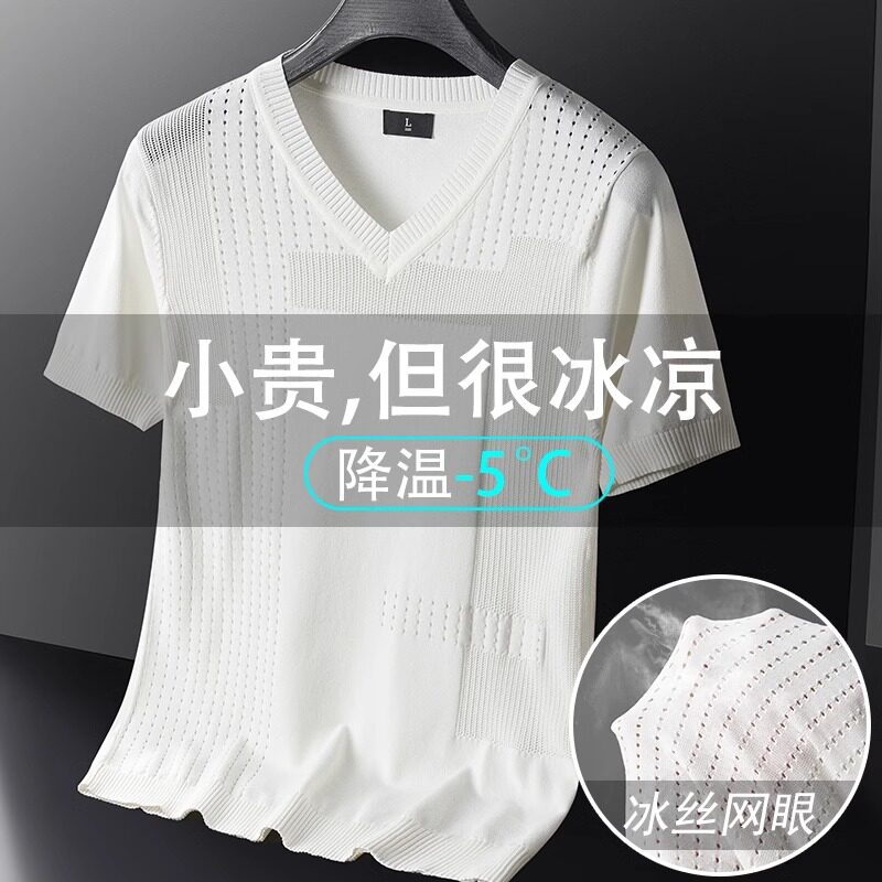 高端白色冰丝短袖T恤男士2026新款夏季薄款V领镂空半袖体恤衫男款