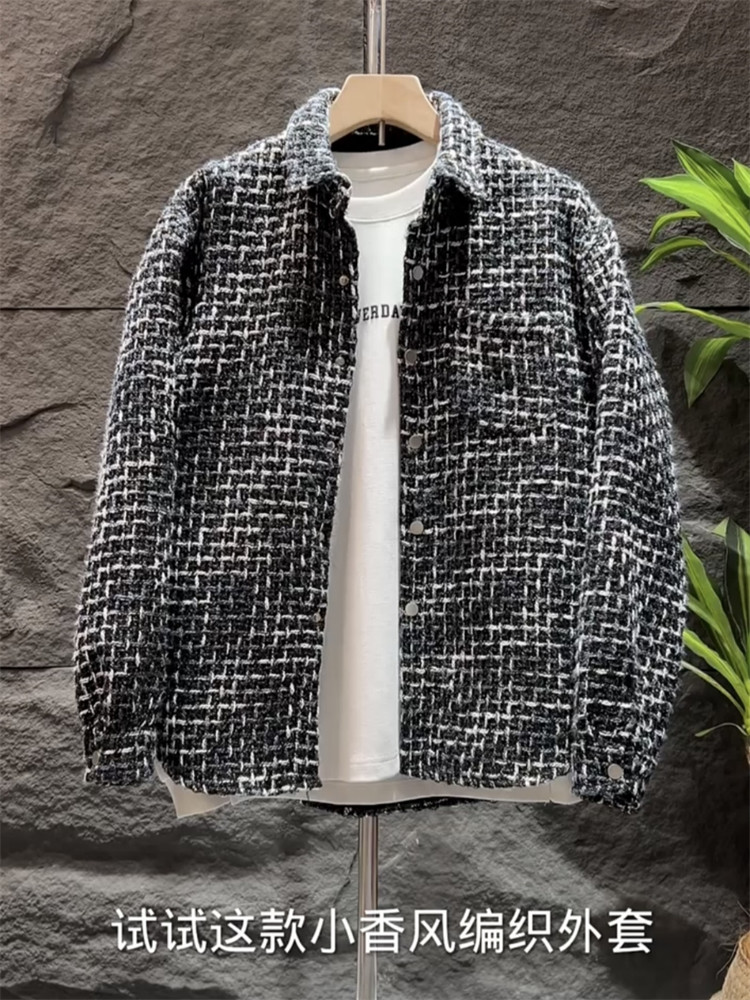 高端编织衬衫式休闲外套男士2025新款秋冬季潮牌宽松夹克棉服男款