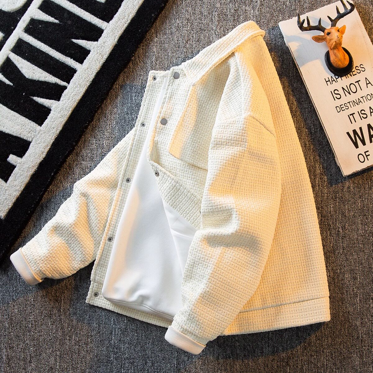 潮牌白色休闲 外套男士2025年新款秋冬季爆款痞帅翻领针织夹克男