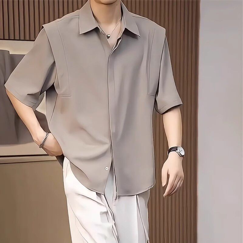 高端冰丝垂感短袖衬衫男士2026年新款夏季纯色免烫五分袖衬衣男款