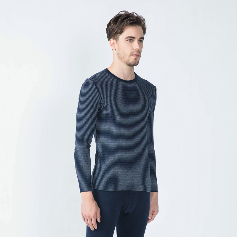 宜而爽男士棉内衣秋衣秋裤男套装青年学生条纹圆领修身打底棉毛衫