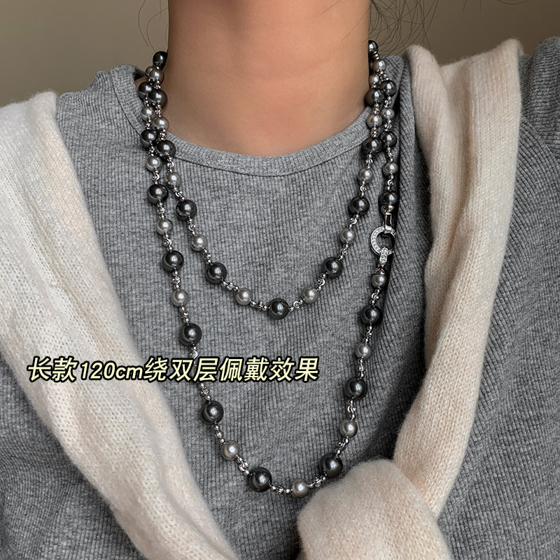 thumbnail for S family Tahitian gray black long pearl sweater necklace women's light luxury sense of luxury double layered exquisite necklace