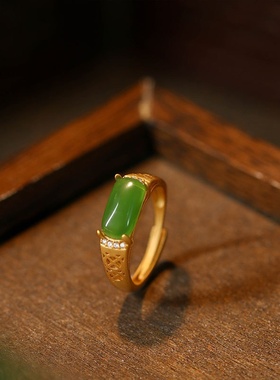 新中式古法镀金仿和田碧玉镂空个性开口指环时尚潮流戒指女马鞍戒