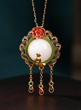 艾尔缘国潮风古典雅致配饰珐琅滴釉孔雀开屏仿白玉复古流苏项链