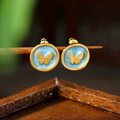 中古vintage复古蝴蝶925银针耳钉轻奢感2024新款爆款ins耳环