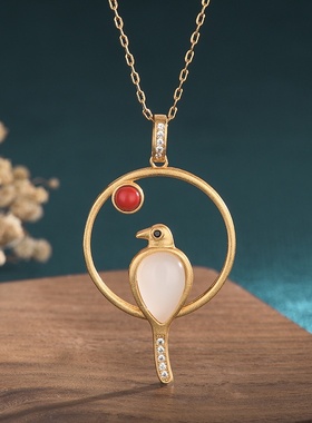 中国风设计古装汉服配饰古法金工艺喜鹊南红仿和田玉复古项链女