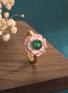 中国风宫廷风设计铜镀金山茶花玛瑙玉髓戒指古装汉服搭配饰品