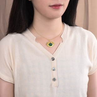 梅陇首饰铜镀金古风设计如意平安锁项链项坠镶嵌玉髓和田玉配饰