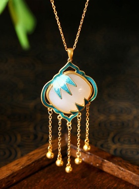 中国风珐琅彩绘竹叶方牌吊坠项链仿和田玉挂件24k镀金仙女锁骨链