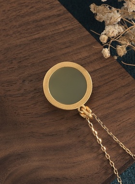 网红同款中国风古装旗袍配饰古法金仿和田玉圆形莲花无事牌项链