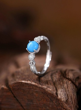 跨境热销人造绿松石戒指睡美人儿戒指白铜镀925银镶嵌直播供应链