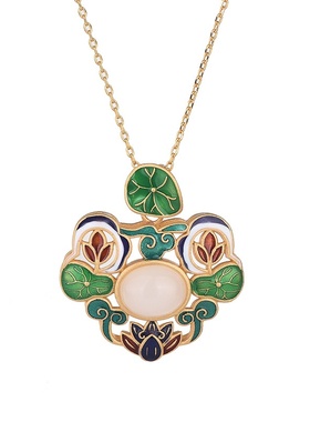 中国风古装旗袍配饰珐琅彩绘工艺镶嵌仿和田玉荷叶莲花复古项链女