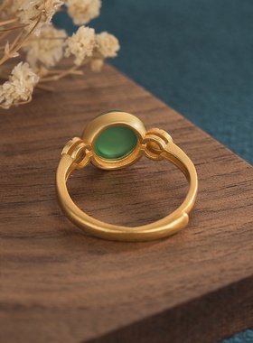 宫廷风设计仿和田碧玉镶嵌古法金戒指开口可调节指环镀金女戒子