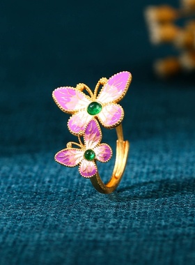 高定系列中国风古法镀金珐琅彩釉蝴蝶戒指小众设计2023秋冬季配饰