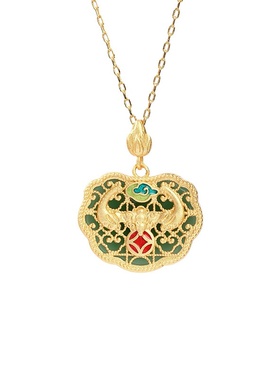 小红书博主推荐中国风珐琅镀金福星高照镶嵌仿玉石平安锁复古项链