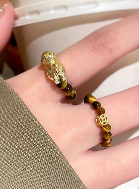 雅丹风虎眼石铜钱串珠戒指女小众设计复古食指戒2024新款偏财指环