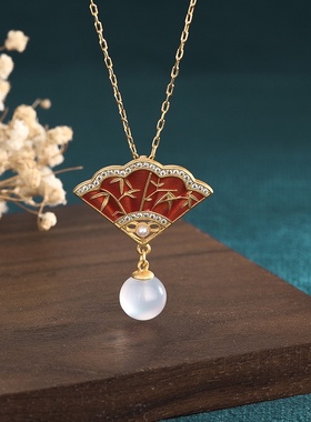 东方古典中国风珐琅彩扇形镶嵌天然玉髓玛瑙锁骨项链小仙女配饰