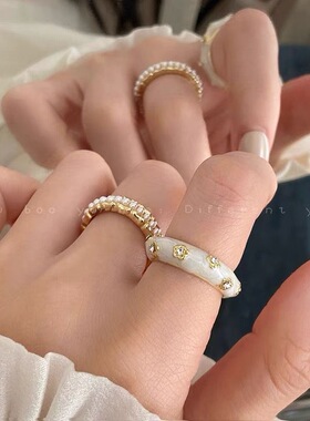感珍珠水钻开口戒指复古指环女轻奢小众设计独特冷淡风食指戒