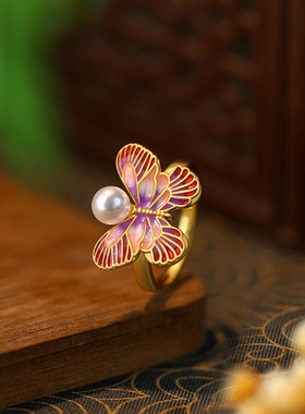 2024秋冬季珐琅彩滴油粉色蝴蝶造型戒指开口可调节食指戒珍珠戒子