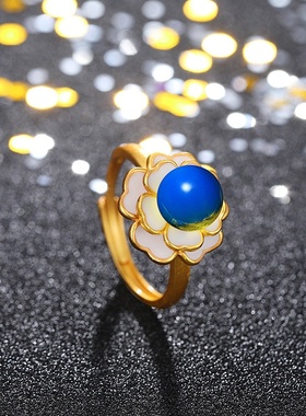 网红直播供货旗袍古装配饰古法金工艺镶嵌二代蓝珀琥珀山茶花戒指