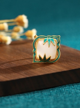 艾尔缘国潮珐琅工艺仿和田玉竹报平安戒指女复古装中国风宫廷配饰