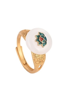 中国风复古指环旗袍宫廷汉服手饰品珐琅工艺和田玉复古莲花戒指女