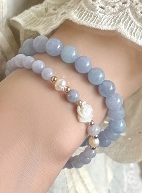 海蓝宝山茶花天然贝壳手串女高颜值学生闺蜜手链ins小众设计手饰