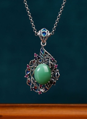 原创设计中国风仿玉石吊坠泰银做旧饰品珐琅彩凤凰于飞复古项链