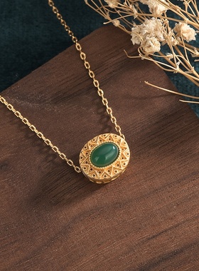 直播供货中国风旗袍古装配饰古法镀金镶嵌天然玉髓玛瑙挂坠项链女