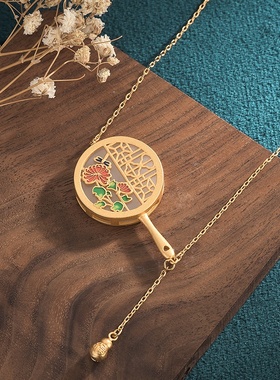 中国风旗袍古装汉服项饰珐琅彩绘宫廷风仿和田玉复古扇子项链女