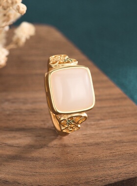 中国风典雅古法金指环宫廷风设计铜镀金镶白玉开口戒指女