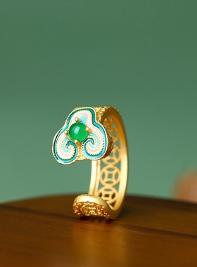 艾尔缘复古风古法镀金珐琅镂空祥云仿和田玉指环小众旗袍汉服戒指