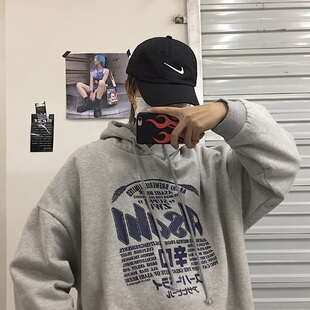 Korea studios.韩国超火美式复古阿美咔叽字母印花百搭灰加绒卫衣