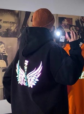 秋季炫彩夜光卫衣男痞帅高级感潮流韩版宽松慵懒风连帽橙色外套男