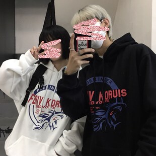韩版ulzzang炸街宽松连帽衫男士加绒小众设计感情侣卫衣秋冬款女