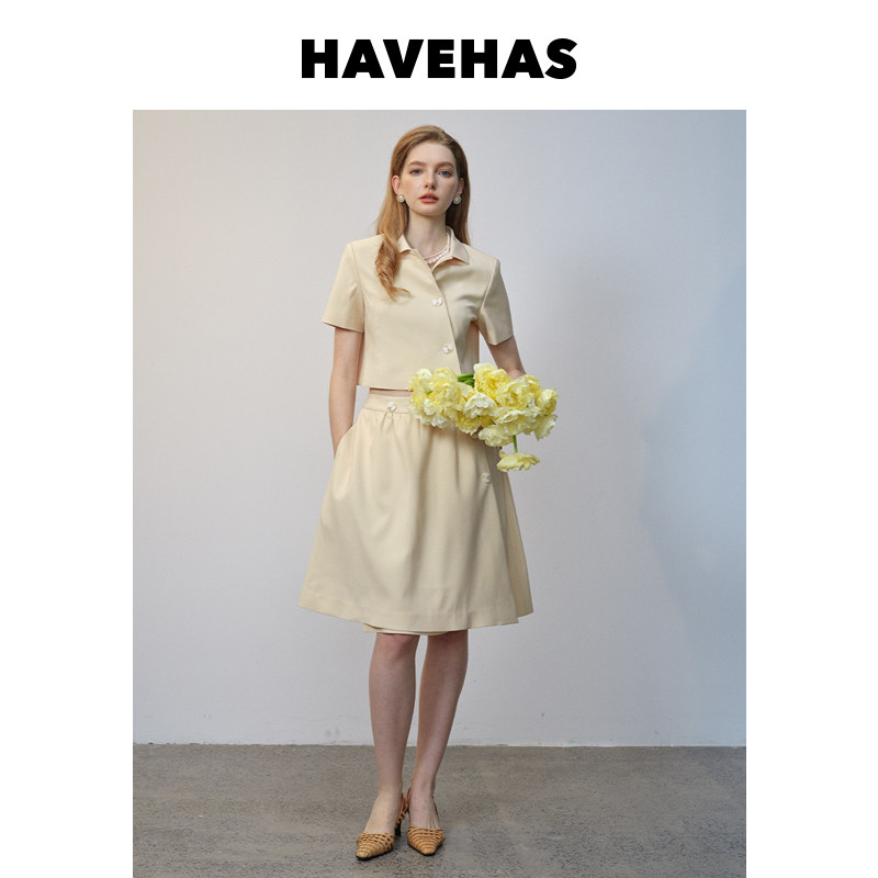 HAVEHAS花园舞者 温暖治愈系通勤斜门襟夏季复古套装短外套/伞裙