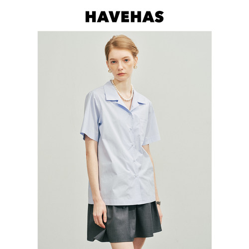 HAVEHAS廓形美学 高密府绸长绒棉复古古巴领宽松衬衫 樱花粉/浅蓝