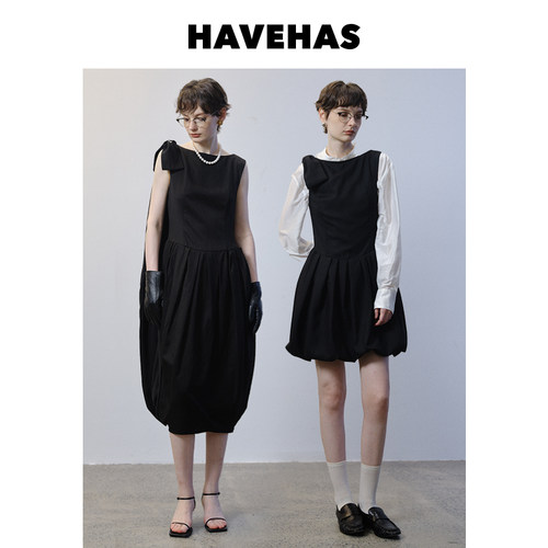 HAVEHAS经典黑裙 复古Bubble泡泡花苞短款连衣裙/重磅长款礼服裙