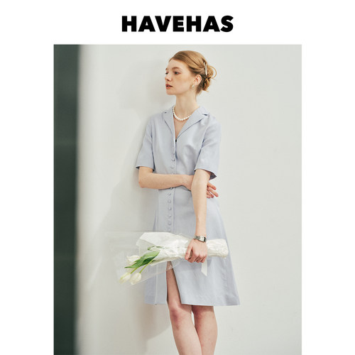 HAVEHAS优雅节奏 竹节亚麻混纺优雅法式复古排扣翻领短袖连衣裙