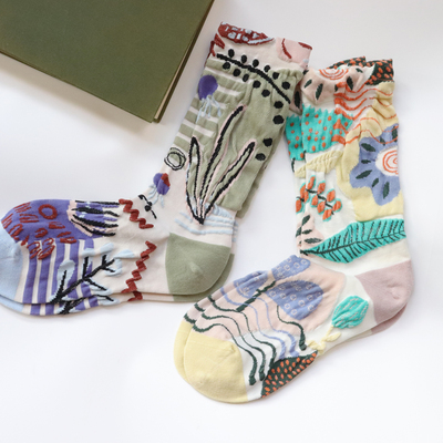 浮雕植物花卉袜子女百搭复古