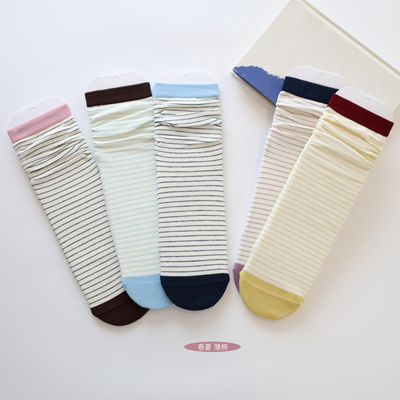 复古撞色条纹春夏薄棉中筒堆堆袜