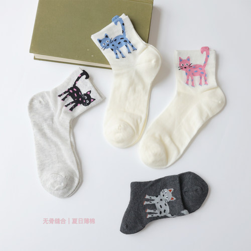 夏季日系可爱猫咪无骨缝制短筒袜