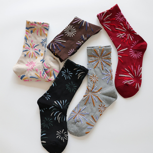 复古烟花立体提花棉袜女百搭中筒袜复古风无骨缝头烟花图案袜子女