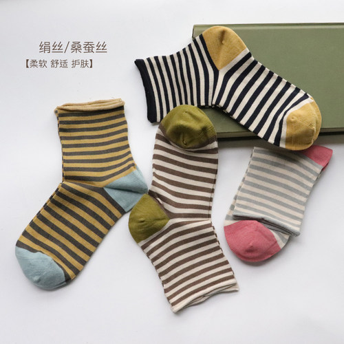 条纹绢丝卷边短袜ins日系百搭学院风中筒袜撞色桑蚕丝春夏堆堆袜