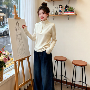 米色半高领卫衣长袖T恤女秋冬保暖内搭可外穿打底衫修身德绒上衣