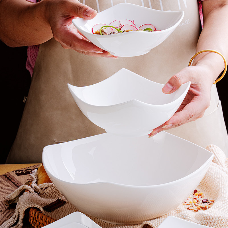 景德镇白色骨瓷四角碗方形碗家用水果沙拉碗深汤盘西餐餐具甜品碗