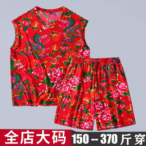无袖t恤背心男加肥加大码胖子夏潮宽松东北大花冰丝坎肩运动套装8