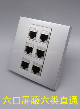 银灰色86型六位屏蔽六类网线银色双口CAT6A千兆带屏蔽6口电脑插座