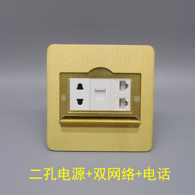隐藏式单开门电话双网络二孔电源地插双口电脑电话10A两孔铜地插