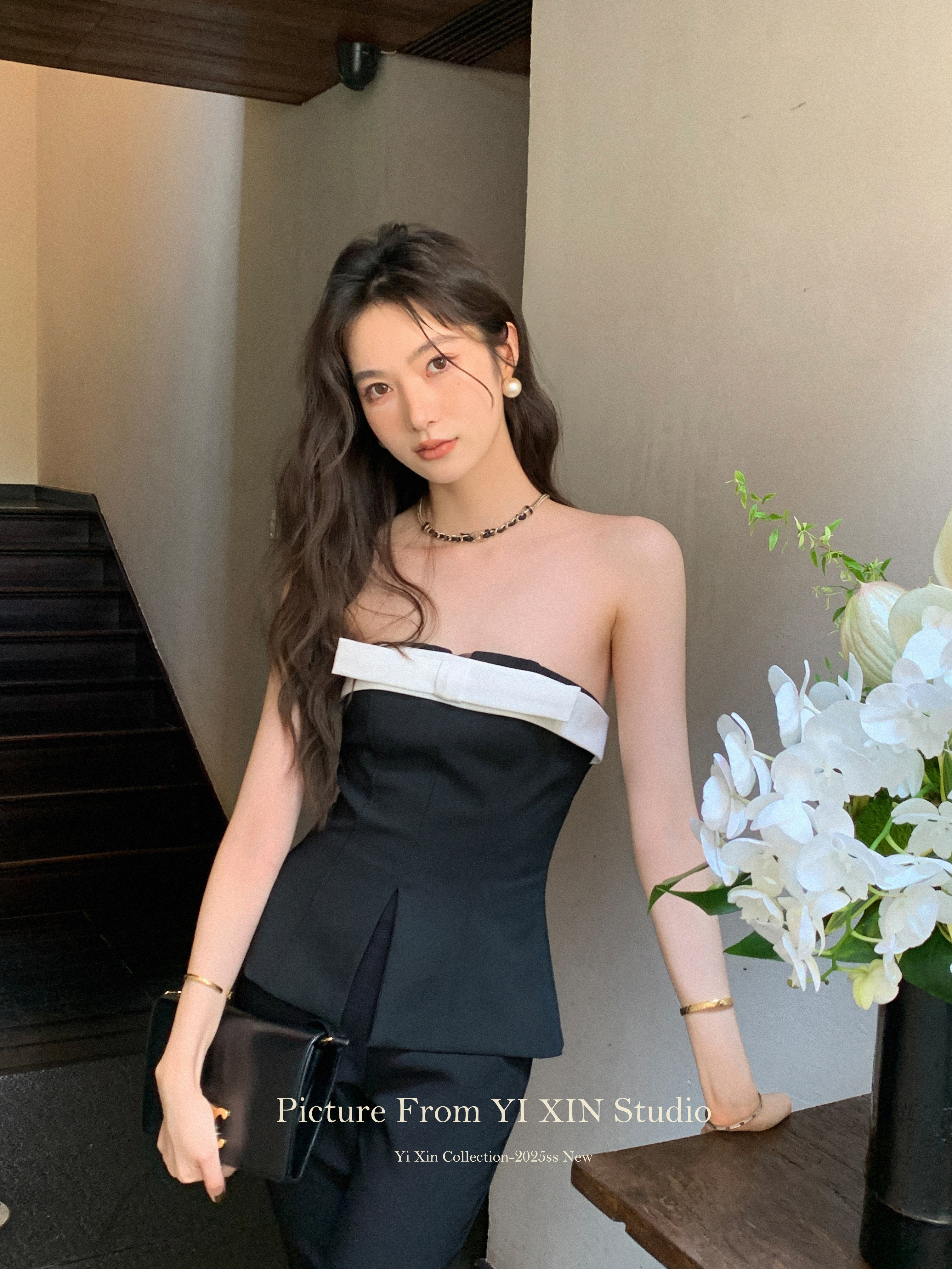 撞色蝴蝶结抹胸上衣女性感纯欲千金风夏季气质开叉收腰一字肩背心